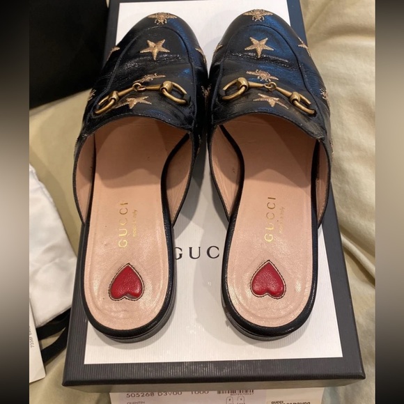 GUCCI Princetown Leather Slipper Mules Quentin Nero Bees Stars Shoes Slip Ons - Picture 2 of 10